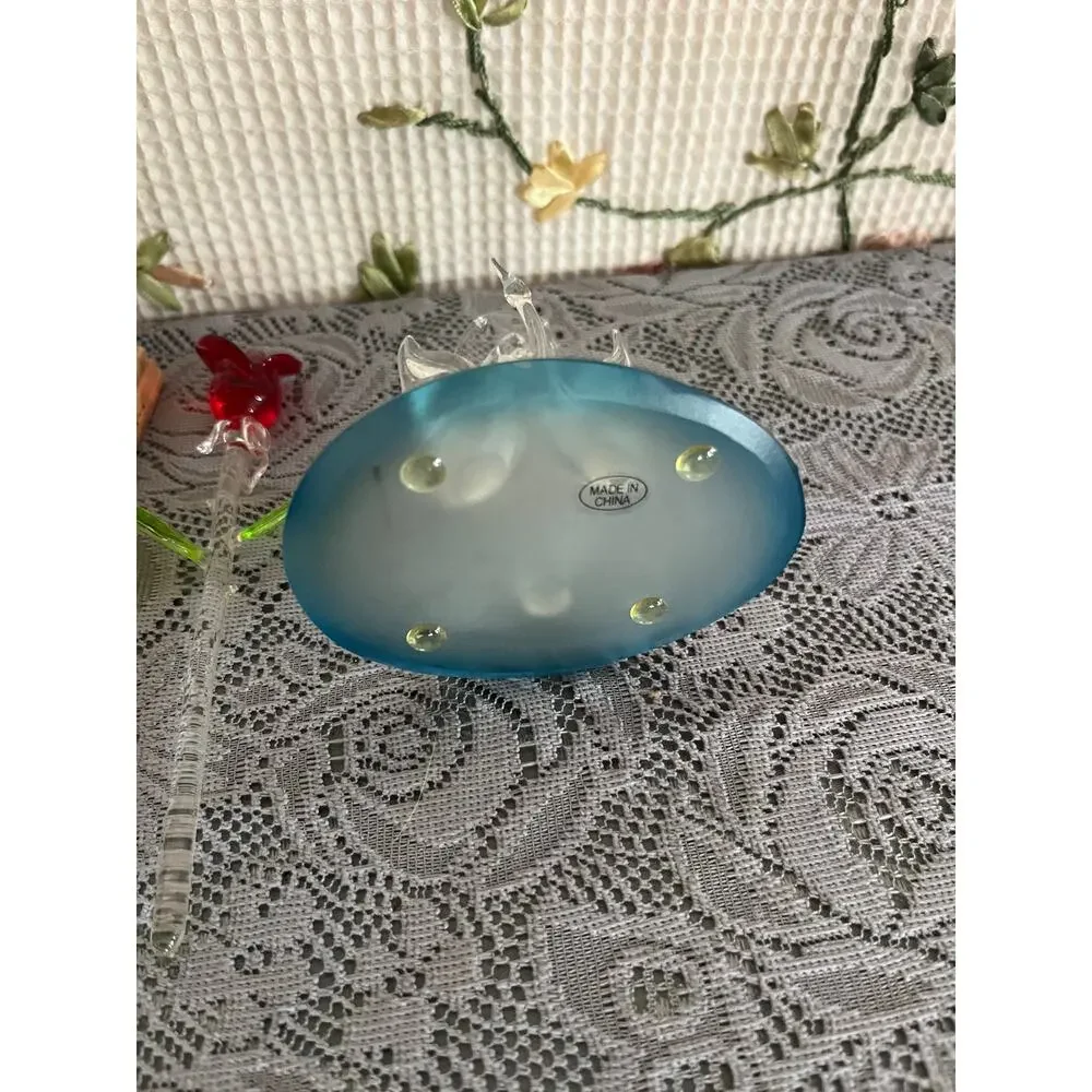 Spun Glass Swan Figurine and Red Rose Set Blown Art Glass Frosted Base 2 Piece